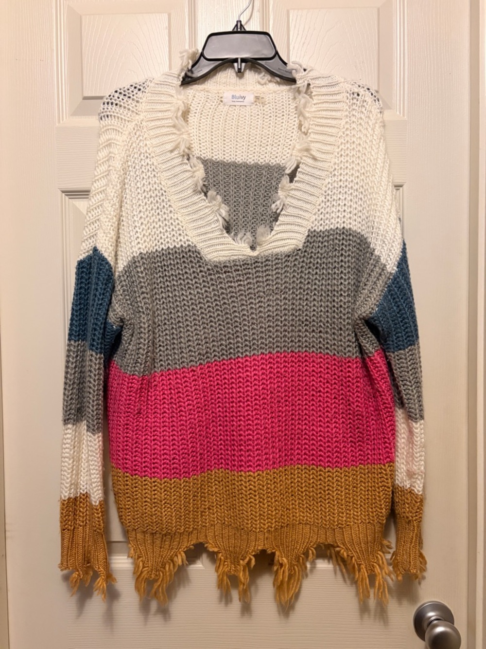 Bluivy Colorblock Distressed V-Neck Sweater - White, Gray, Blue, Pink, Mustard